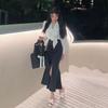 Elegant Black Ruffled Open Female Summer Years High Waist Slim Package Hip Elastic Fishtail Mid-length Skirt Comfortable Fashion Denim Bustier Skirt