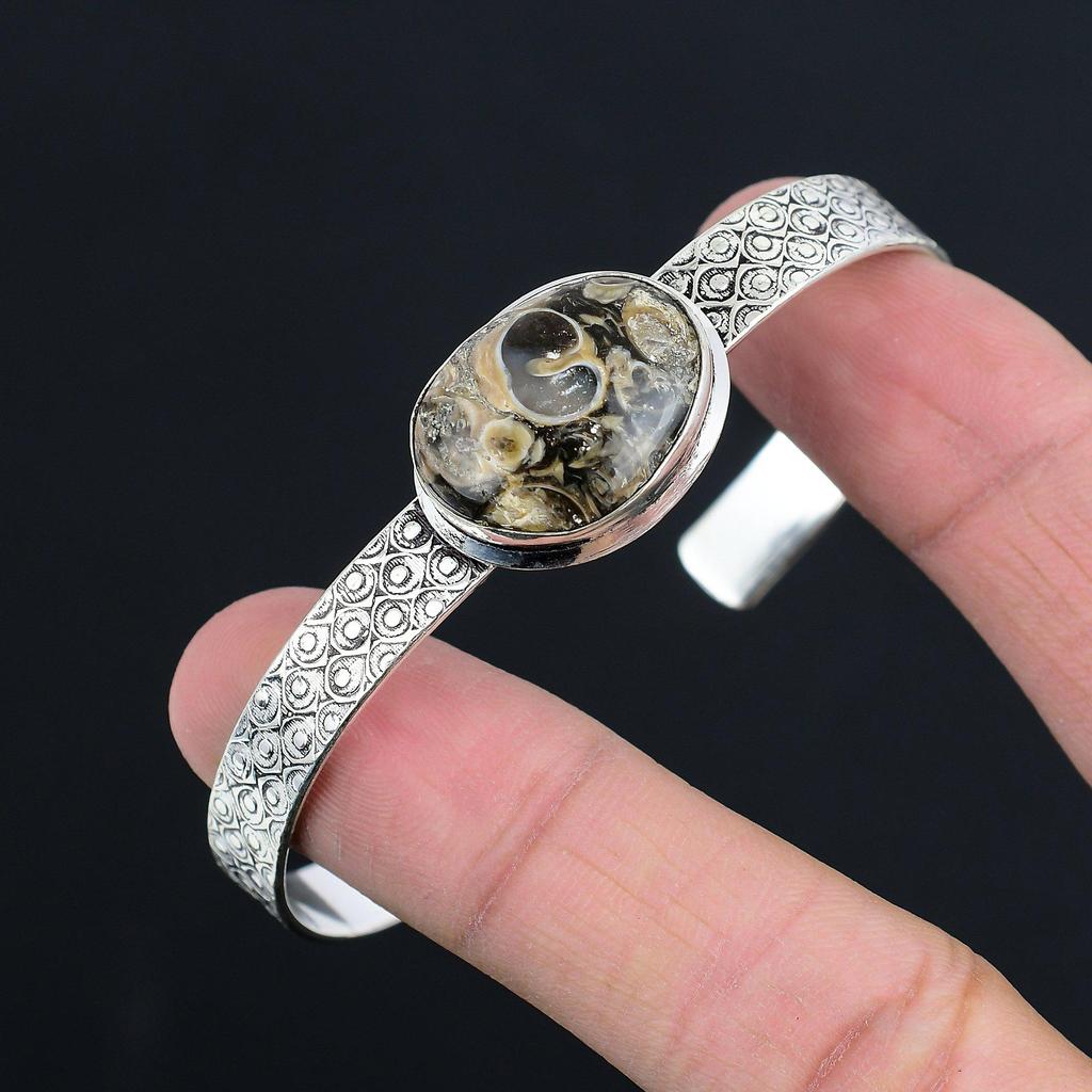 Sisters Day Sale Oval Turritella Agate Gemstone Sterling Silver Elegant Bangle
