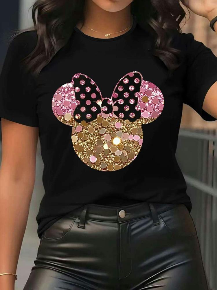 Women Pink Glitter Mickey Mouse TShirt Round Neck Short Sleeve Casual TShirt Bow Tie Detail Soft LooseFit Cotton Shirt Y2K Top