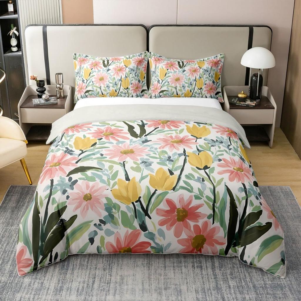 Watercolor Garden Floral Duvet Cover Set Botanical Bedding Set Spring Flowers Comforter Cover Rustic Vintage Wildflower Bed Set