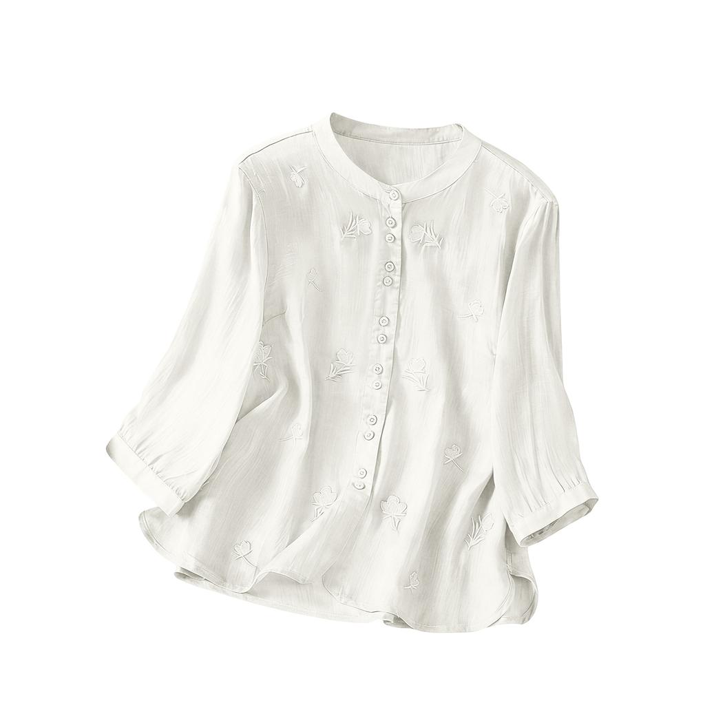 Women's Retro Cotton Linen Embroidered Thin Linen Three-Quarter Sleeve Top