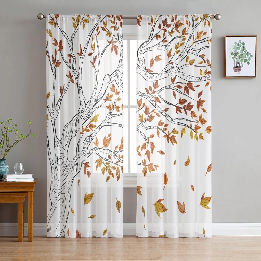 Cortinas Traslúcidas de Tronco de Árbol de Hojas de Otoño para Decoración de Dormitorio Sala de Estar Cortina de Ventana para Cocina Cortinas de Tul Voile Organza