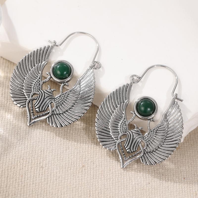 

Вінтажні сережки-кільця з інкрустацією синтетичним смарагдом, ручної роботи, у формі скарабея, з посрібленим покриттям, жіночі вишукані фестивальні ювелірні вироби ручної роботи green