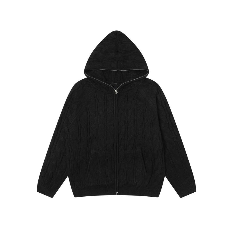 Blaexit American Retro Textured Khaki Hooded Knitwear for Men and Women, Autumn and Winter Zipper Knitwear Jacket