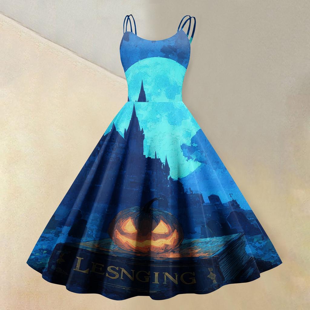 Women's Sleeveless Casual Dress Halloween Print Round Neck Vintage Style Swing Dress with Adjustable Straps for Everyday Wear