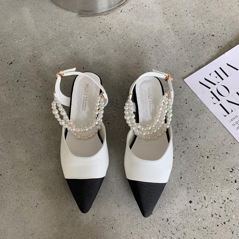 Mary Jane early autumn pointed fashion pearl shallow mouth single shoes hollow T-buckle strap flat heel sandals