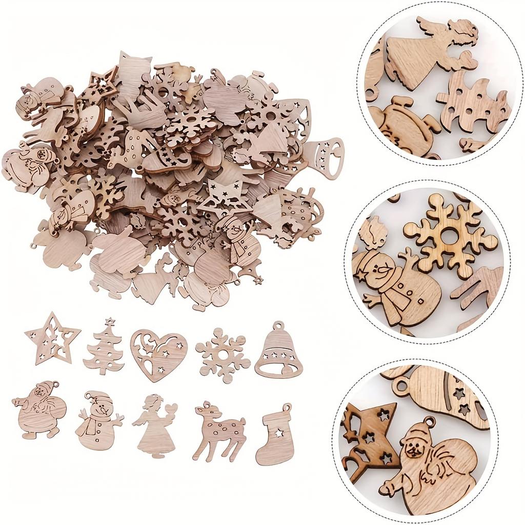 100PCS Christmas Mini Wooden Decorations, Wooden Christmas Paper Cutouts Wooden Pieces, Christmas Wooden Pieces Hanging Decorations