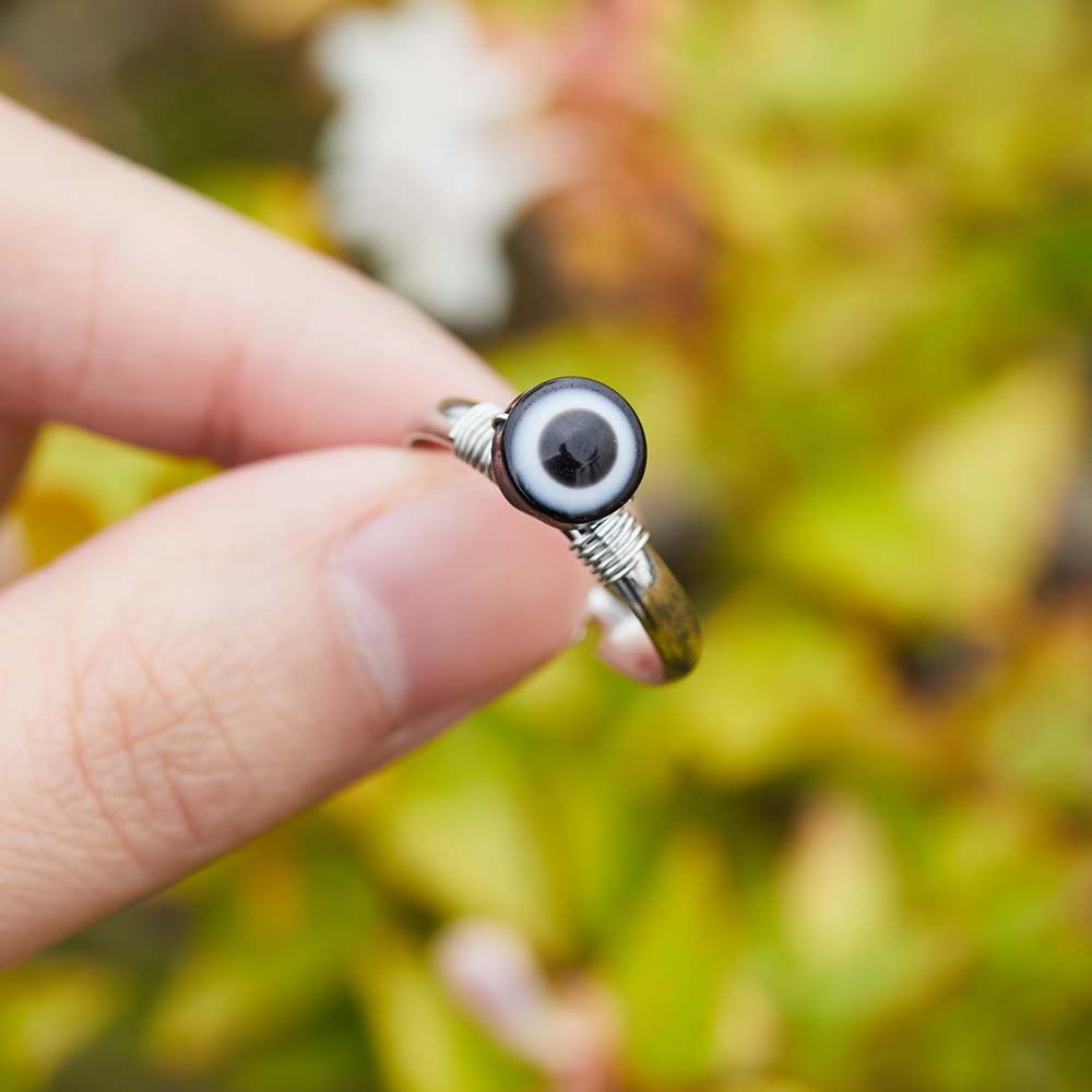 Men Blue Glass Lucky Metal Beads Metal Round Beads Ring Finger Ring Fashion Jewelry Blue Eye Rings