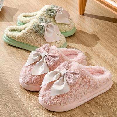 Bow Tie Stepping Shit Feeling Warm Slippers Female Autumn and Winter Thick Bottom Non-slip Indoor Household Plush Warm Shoes