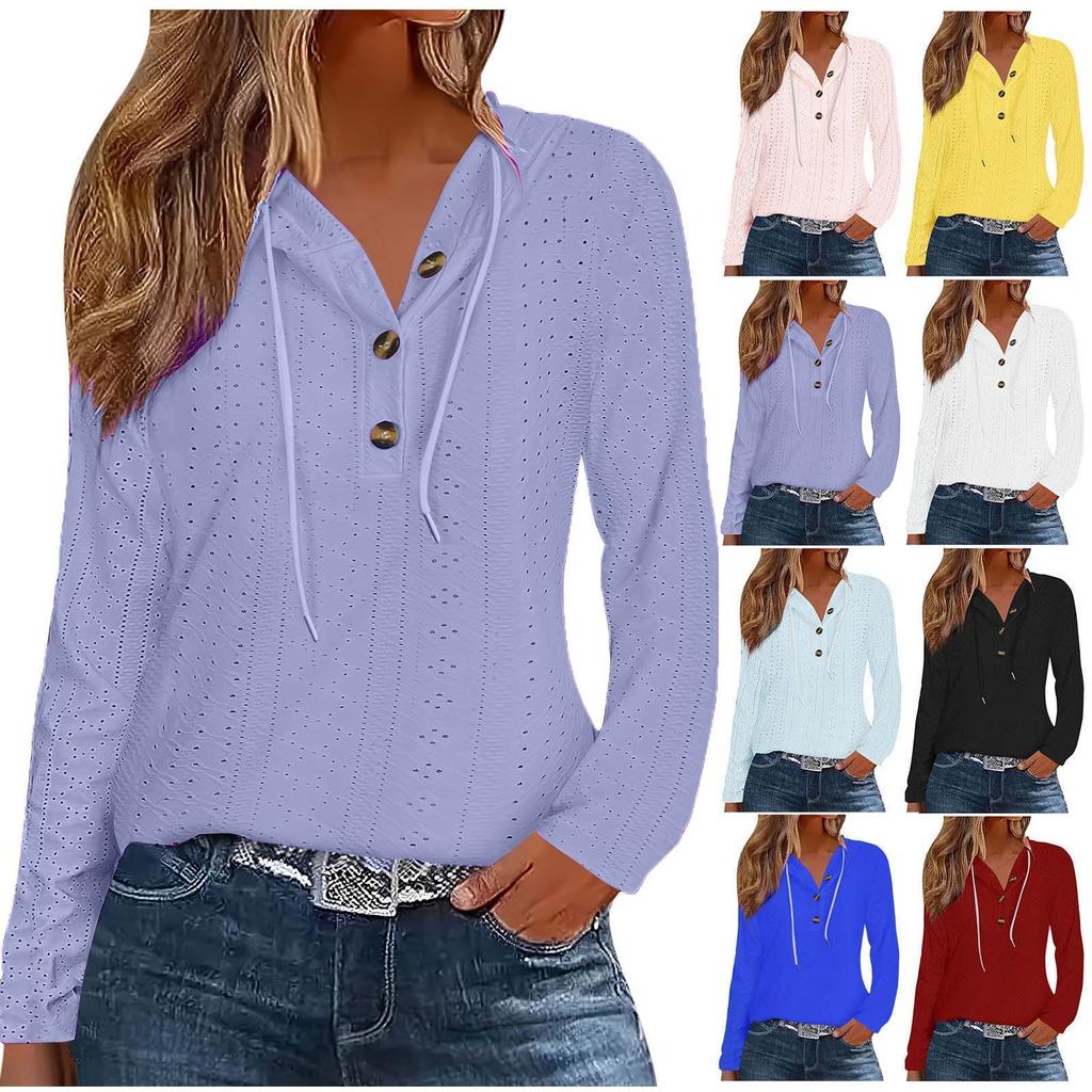Fashion Women's Hoodie Knit Drawstring Button V-neck Long Sleeve Pullover Casual T-shirt