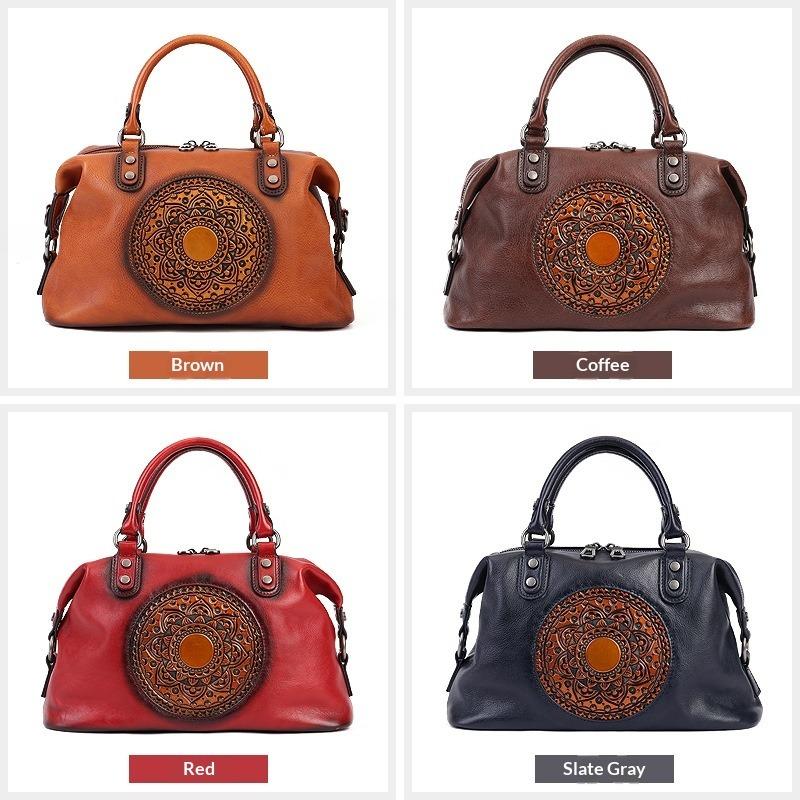 Embossed Totem Tote Bag First Layer Cowhide Commuting Handbag Large Capacity Single Shoulder Oblique Span Dumpling Bag Commuting Must
