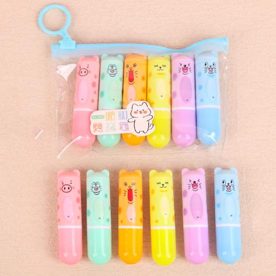 6Pcs Chisel Tip Highlighter Marker, Cute Marker Pen, Cartoon Macaron Highlighter No-Bleed Ink Markers for Journaling, Planners, and Office Documents