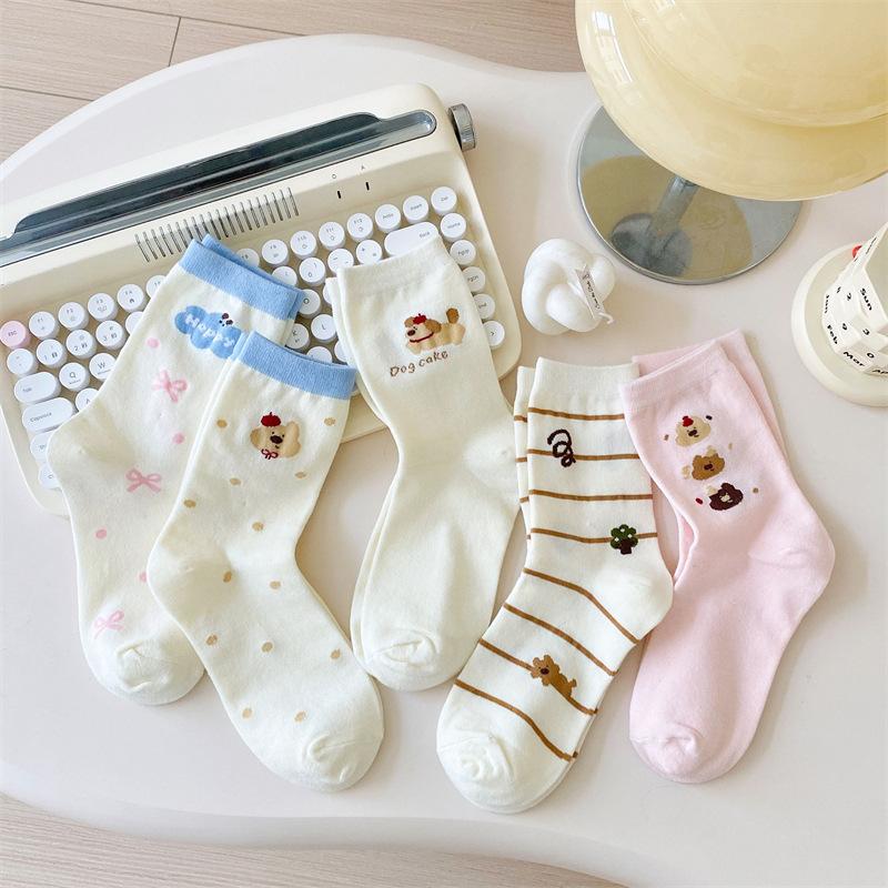 Cartoon Socks Women'S Mid-Tube Socks Trendy Spring And Autumn Cute Preppy Style Bow Polka Dot Puppy Striped Socks