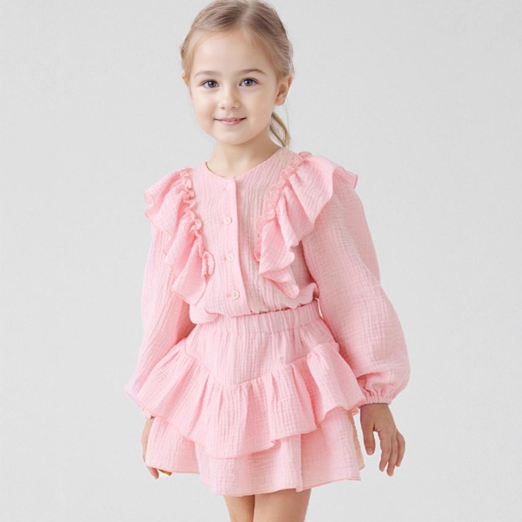 Girls Cotton Blouse with Flutter Sleeves and Ruffle Skirt Set Two Piece Outfit Soft Lightweight Fabric Comfortable Fit Spring Autumn