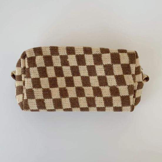 Checkered Makeup Bag for Women Knitted Travel Cosmetic Pouch Portable Plaid Toiletry Organizer with Zipper for