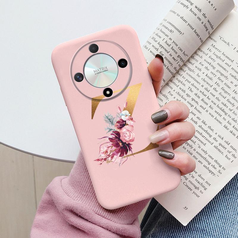 Buchstaben-Handyhülle für Honor X9b X9a Magic5 Lite Magic6 Lite 5G Hülle Retro-Blumen Rosa Schwarz Weiches TPU Initialen Silikon Fundas