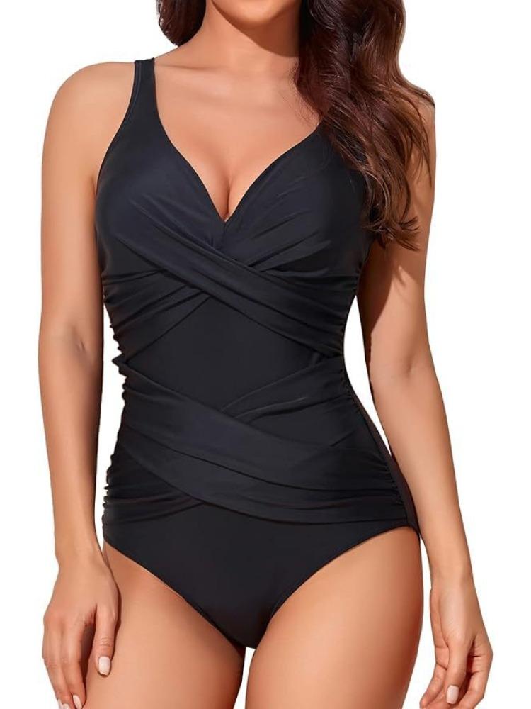 

Charming Solid Color Cross Chest Pleated Deep V Neck Slim Bikini Swimsuit For Beach XXL чорний