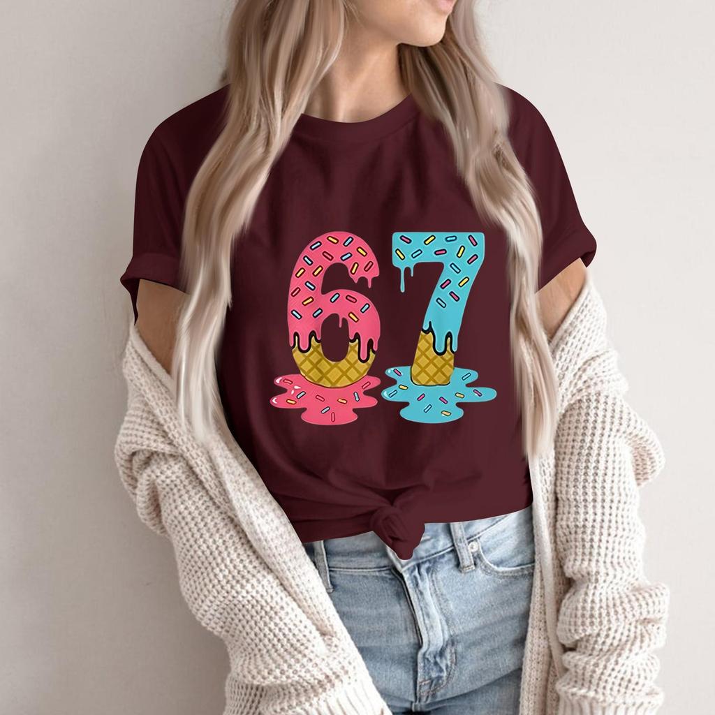 Women's Fashionable Casual Short Sleeved Printed T-Shirt Round Neck Top