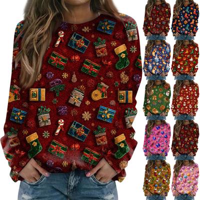Women's Fashion Casual Long Sleeve Christmas Printed Neck Sweatshirt Top