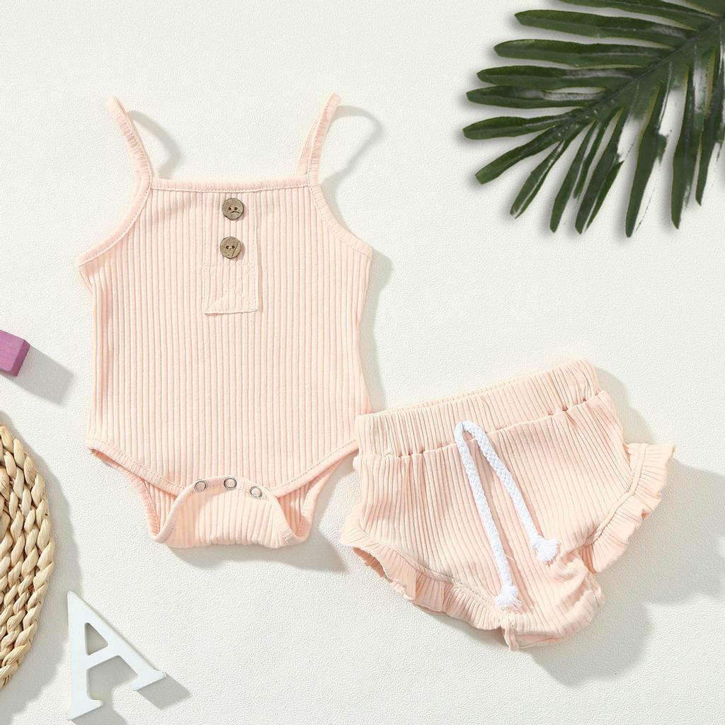 Noworodek Baby Girl Strap Solid Romper Tops Spodenki Zestaw letnich strojów