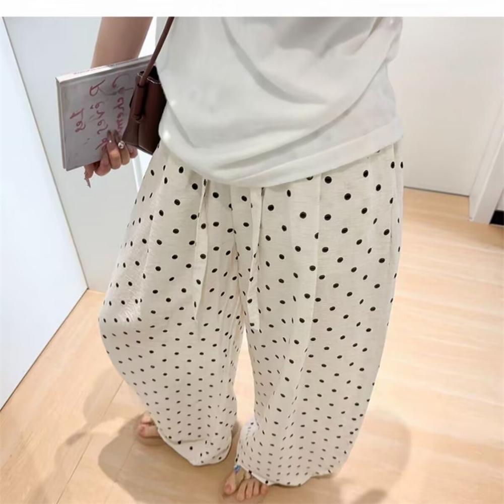 Women’s Dot Pants Loose Casual Summer Spring Trousers Lightweight Wide Leg Pants Korean Full Pants Trousers