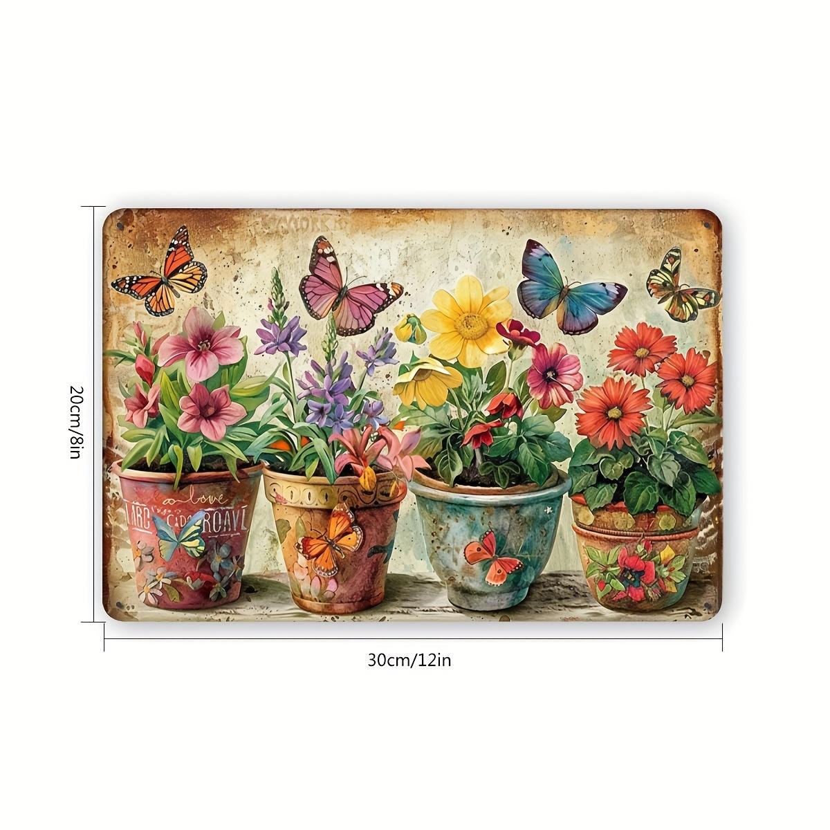 

Vintage Garden Metal Wall Art Sign Colorful Flowers Butterflies in Pots Rustic Iron Decor for Home Office Bar Caf 20x30cm（7.8x11.8inch）