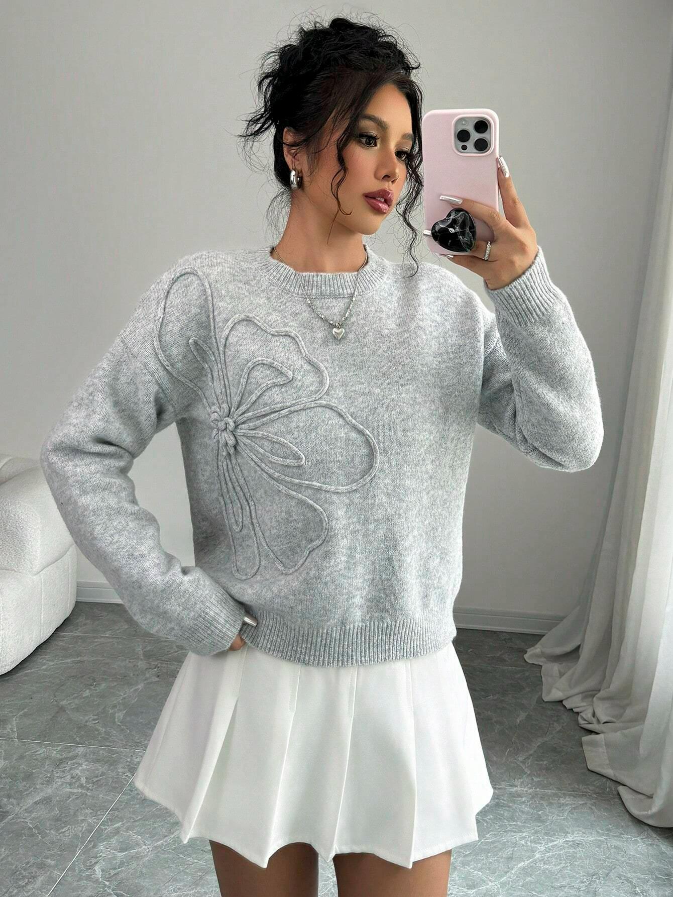 Осень и Зима Новая Мода Женский Свитер Однотонный Простой Кубический Цветок Круглый Вырез Пуловер Топ Женская Одежда XL серый