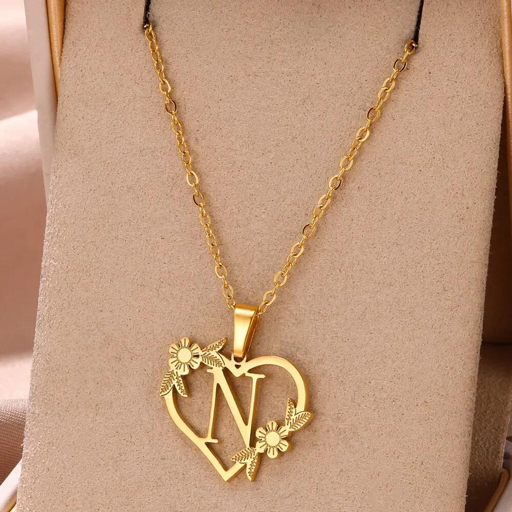 Gold Color Dainty Flower Initials Necklace Women Girl Stainless Steel Heart Letter Choker Necklace Best Gifts Alphabet Jewelry