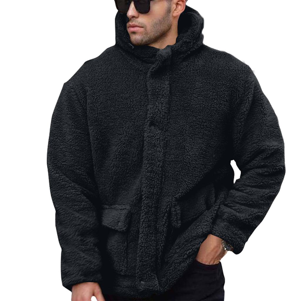 Men's Casual Fashion Lapel Hooded Solid Color  Fleece Jacket