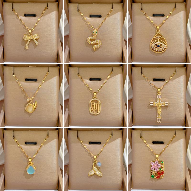 Titanium Steel Micro-Inlaid Gold Plated Women's Lucky Bead Necklace - Trendy Clavicle Chain Accessory