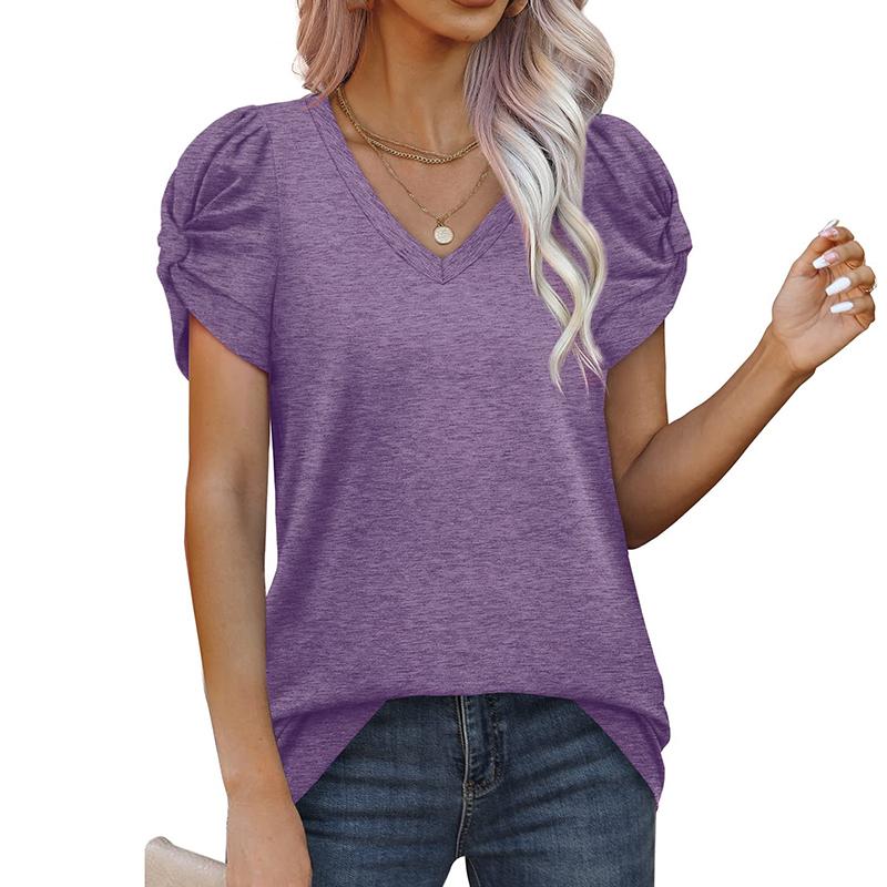 Ladies Summer Knot Short Sleeve V Neck Solid Color Pullover T Shirt Top
