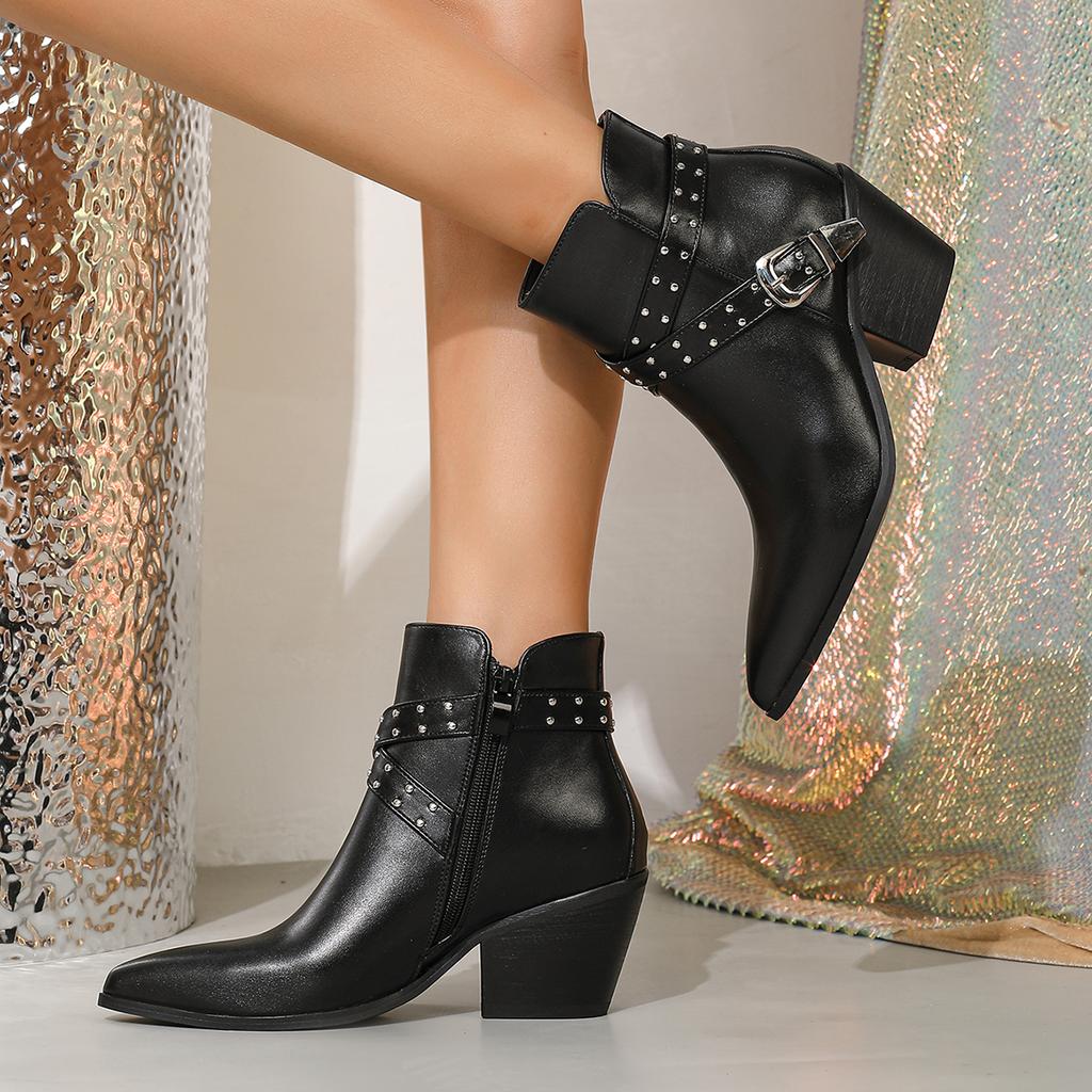Short Boots Women Pointed Thick High-heeled for Autumn Winter 2026 New Rivets, Cross Buckle, Casual Comfortable Women's Boots