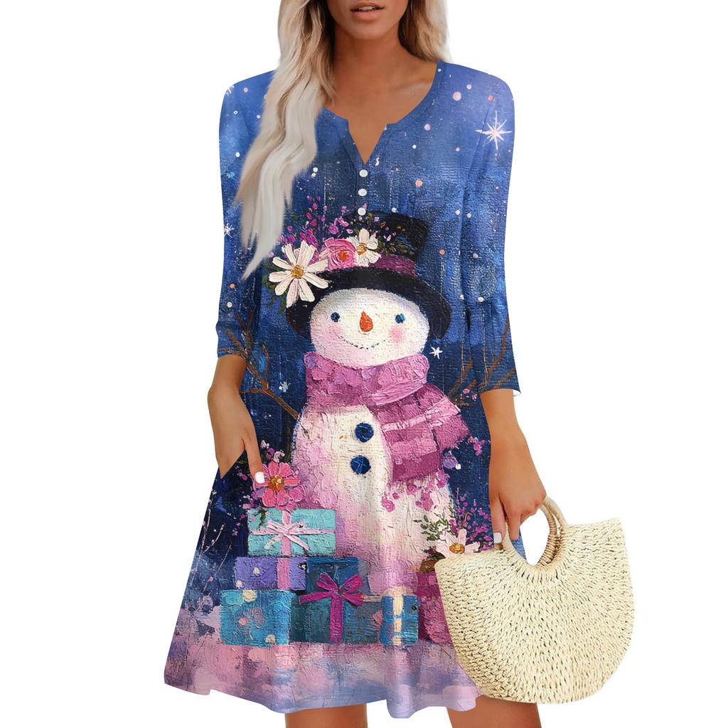 Women's Christmas Printed Fashionable V-neck Button Seven Part Cuff Pocket Dress