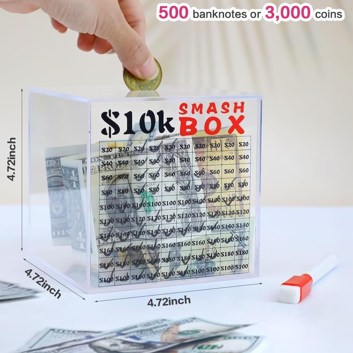 

Clear Acrylic Money Saving Challenge Box with Marker Break Cash Vault Piggy Bank Adults Budget Planner Savings Tracker Cash Gift