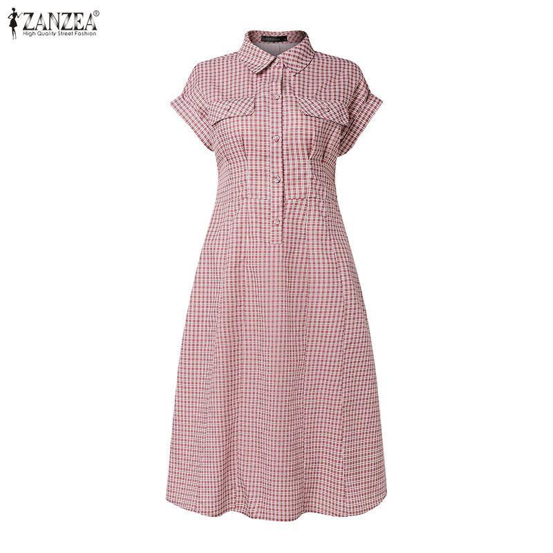 ZANZEA Damen Lässiges Kleid mit Umlegekragen, Karomuster, locker, kurzärmelig