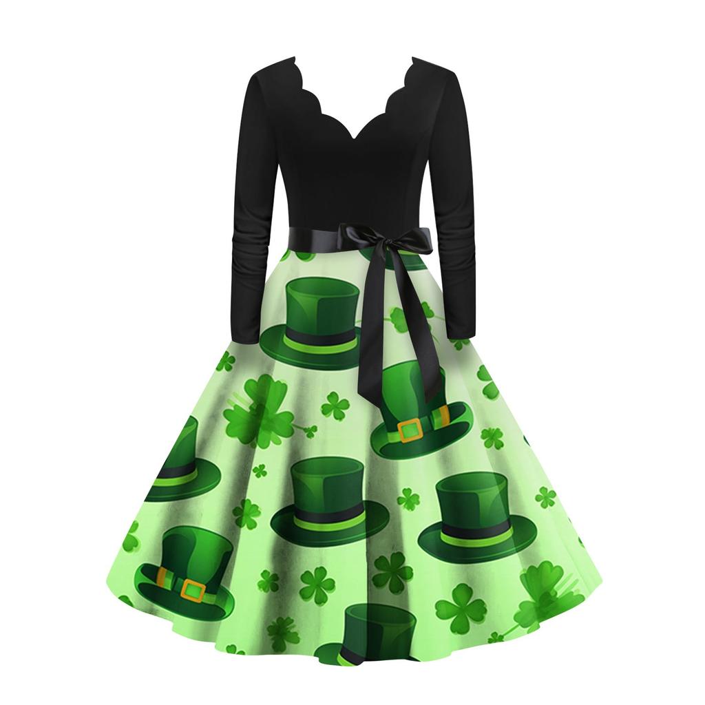 Women's Vintage Classic Dress Long Sleeve  Print Round Neck Swing Dress