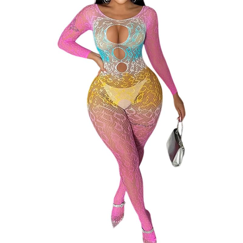 Women'S Sexy Gradient Pink Long Sleeve Bodysuit Open Crotch Fishnet Mesh Tight Jumpsuit Bodystocking Slim Lingerie Nightwear