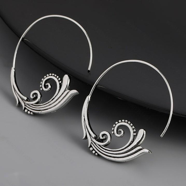 Retro Ethnic Silver Spiral Pattern Large Earrings for Women
