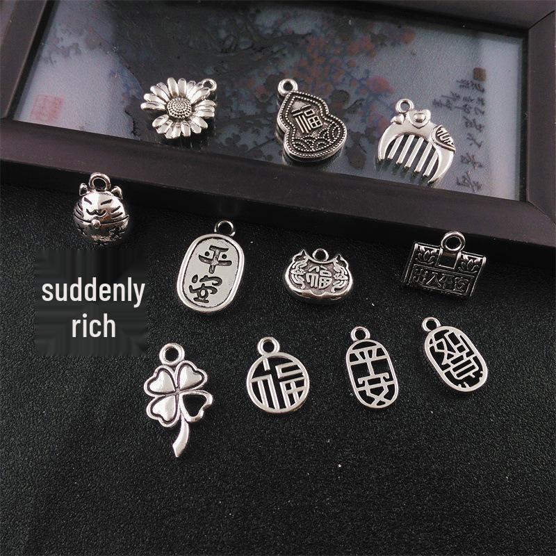 Tibetan Silver Clover & Bell Charm Bracelet with Pendant