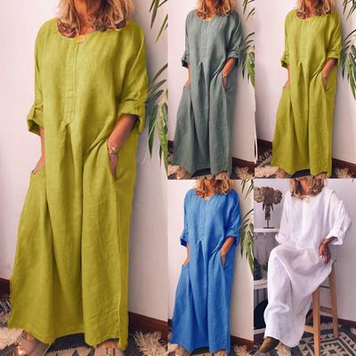 Women's Casual Cotton And Linen Solid Color Loose Dress Straight Dress