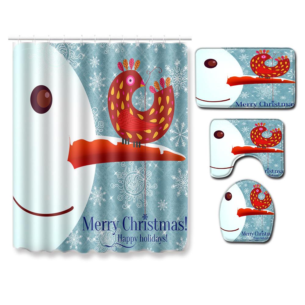 Christmas Shower Curtain Floor Mat Combination Four-Piece Set Bathroom Toilet Carpet Shower Room Mat Foot Mat