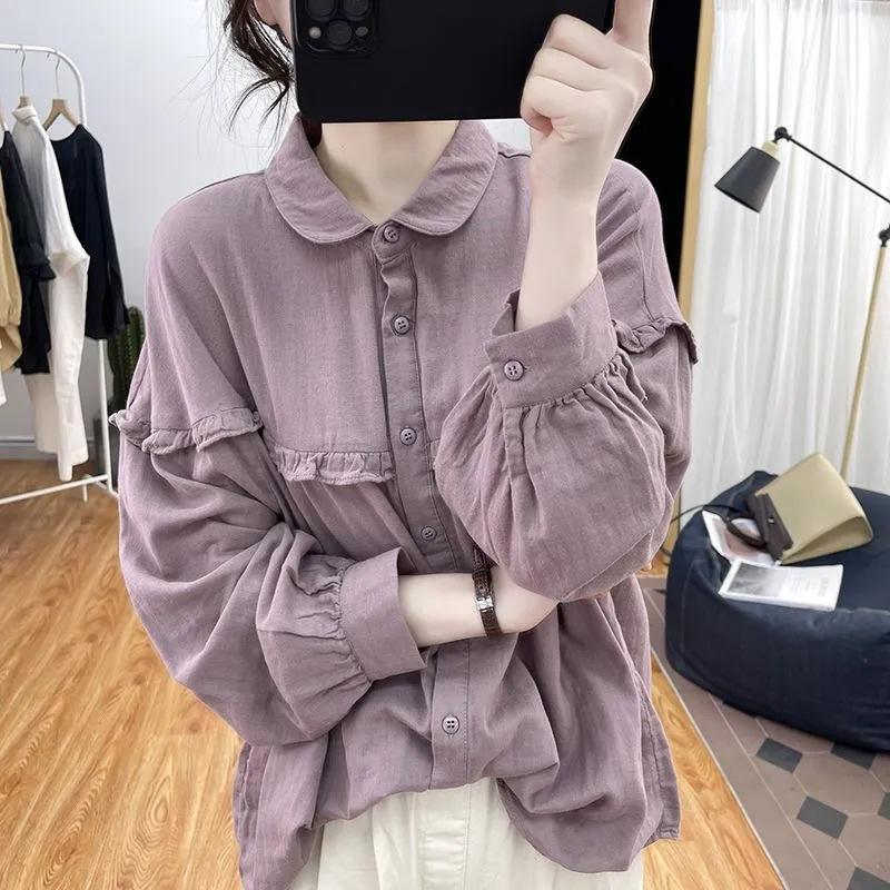 Lantern Sleeve Shirt Women's Spring Design Sense Lotus Leaf Edge Long Sleeve Yuanbao Collar Pure Cotton Top Bottom Shirt