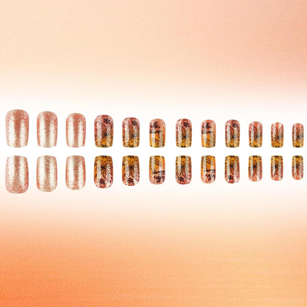 Fall Press On Nails Medium Square Fake Nails with Designs Maple Leaf Stick On Nail Thanksgiving Acrylic False Nail Bling Sequins Artificial Nail