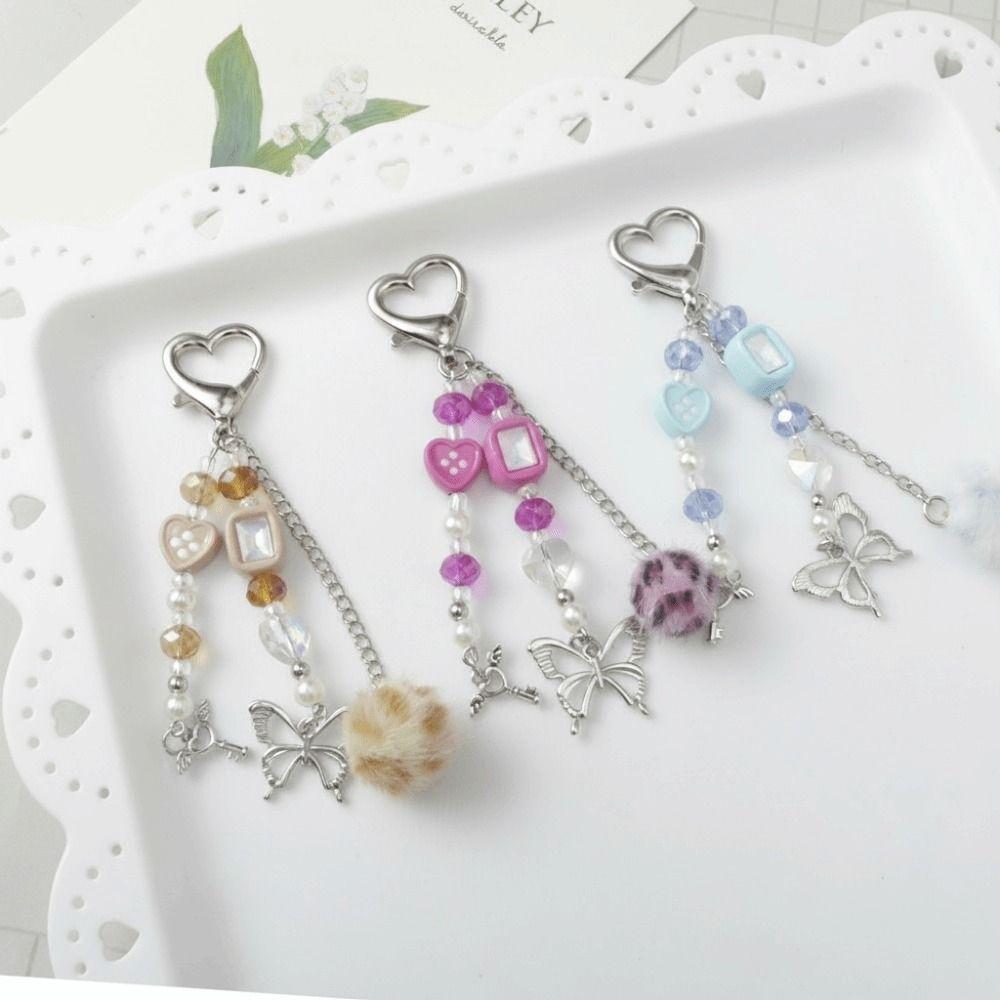 Handmade Beaded Keychain Pearl Heart Beaded Star Pendant Keychain DIY Charm Keychain For Backpack