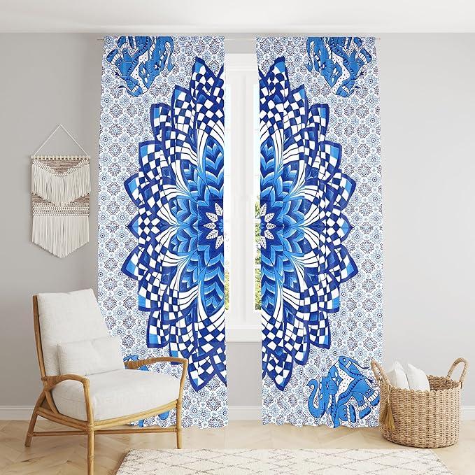 Bless International Beautiful Indian Bohemian Psychedelic Hippie Tree of Life Window Curtain Panels for Bedroom, Living(Blue Elephant Flower)