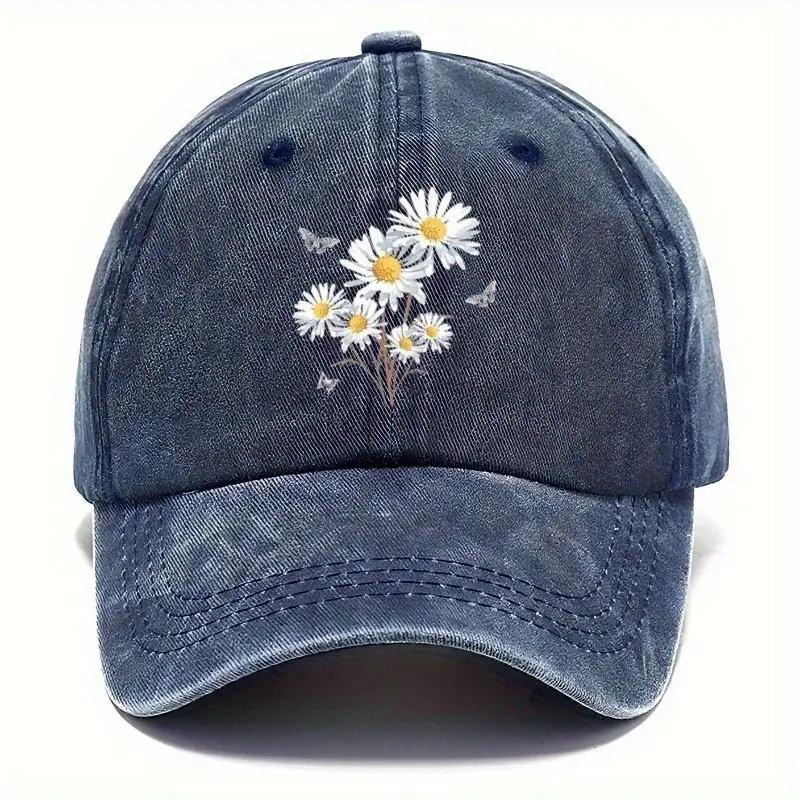 Unisex Vintage Gewaschene Baseballkappe Verstellbar Leicht Atmungsaktiv Dad Hat mit Gänseblümchen Schmetterling Print Design
