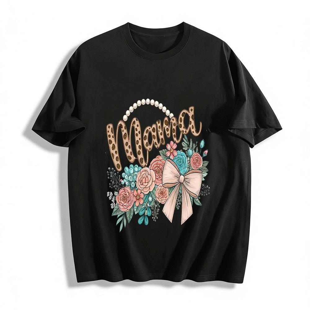 Leopard Print Mama Floral Bow Graphic Casual T-Shirt Pure cotton T-shirt XXS