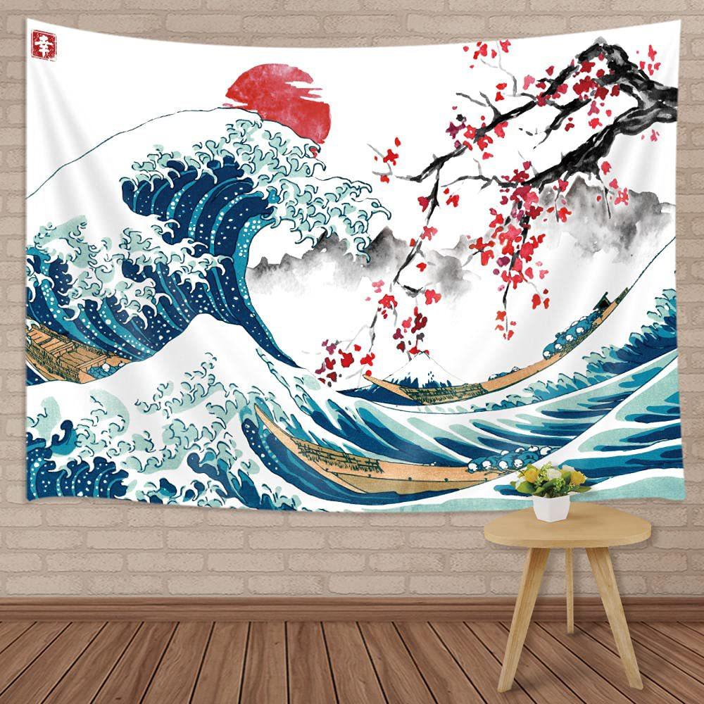 Japanese Wave and Cherry Blossom Wall Tapestry Traditional Art Print Blue Ocean and Red Flowers Design Boho Home Decor Fashion