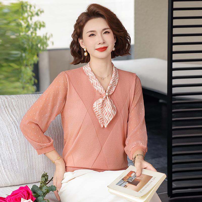 

2026 Spring/Fall Stylish, Youthful Sweater for Mature Women with Gauze Sleeves 5XL (150-165 jin)
