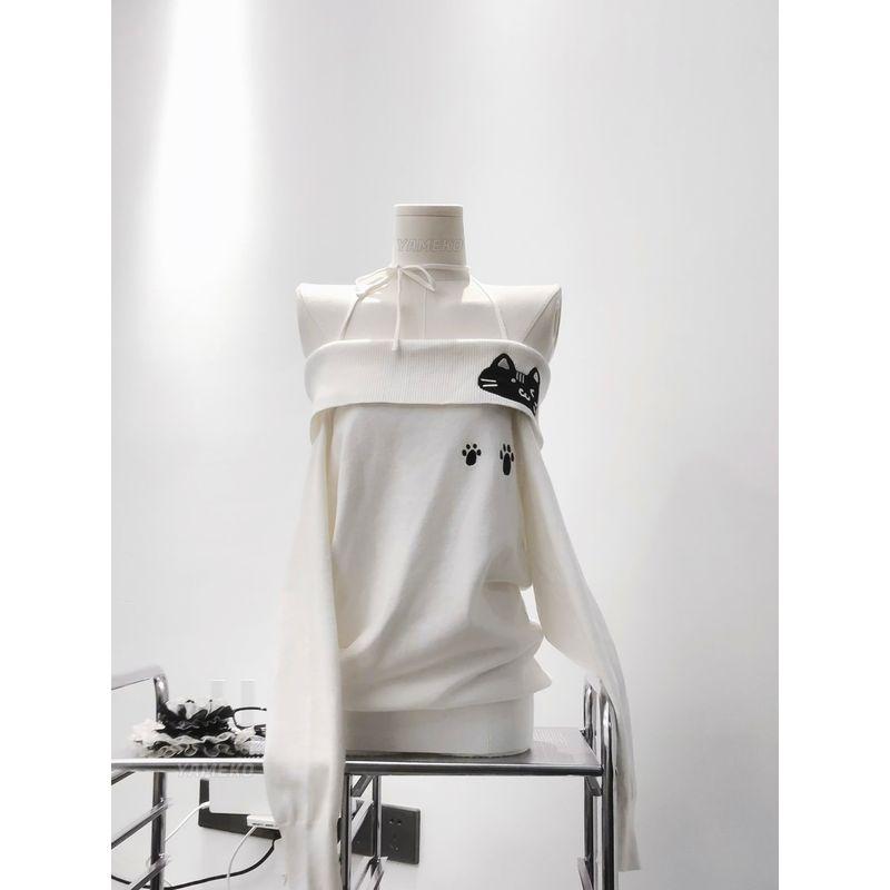 

Yameko Original Kitten off-Shoulder Black and White House Style Subculture Cute Wild Sweater Cat Strap White XS